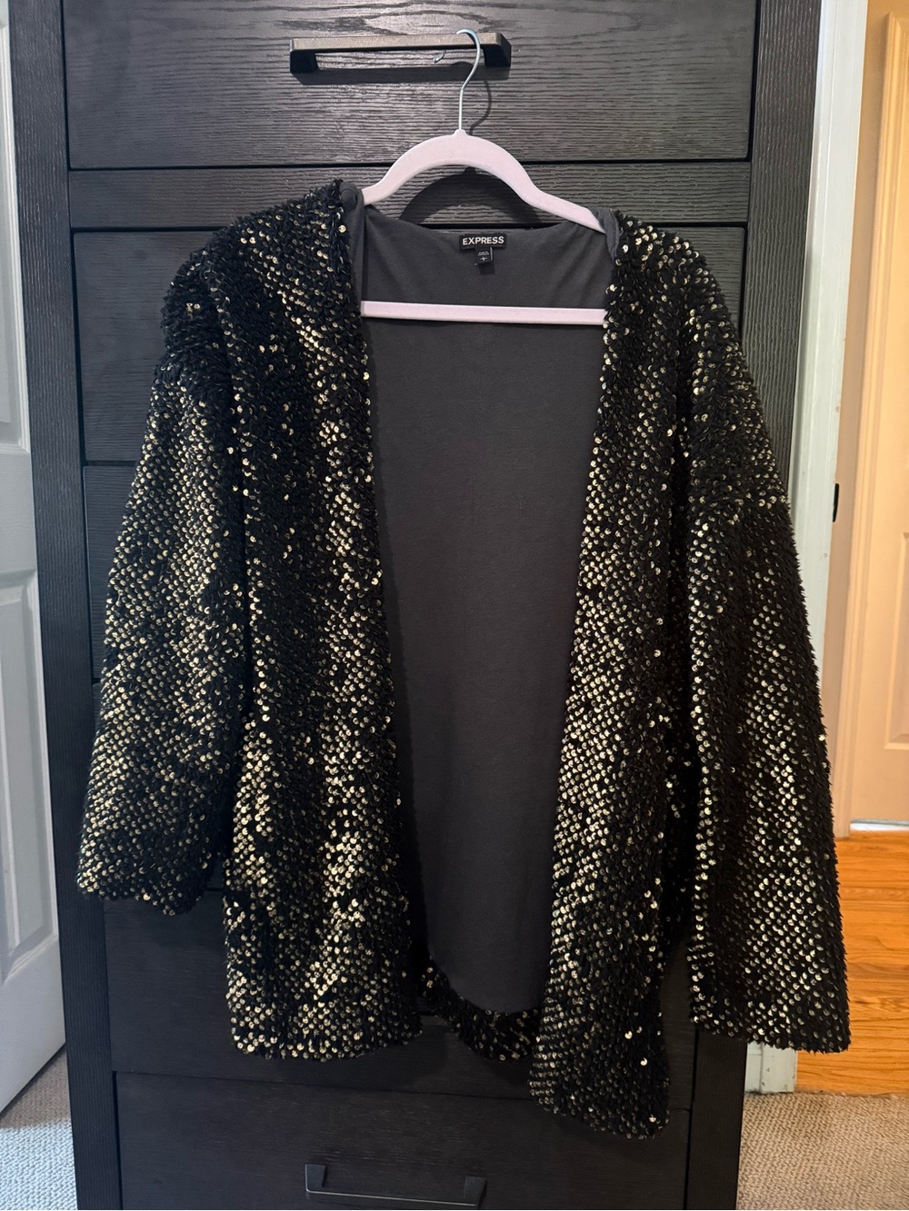 Express Black and Gold Sequin Open-Front Cardigan